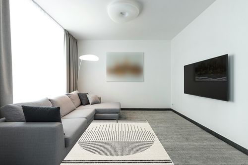 Artistic Weavers Penrod Modern Geometric Area Rug,5' x 7',Black/Ivory in Modern Living Room with Grey Couch