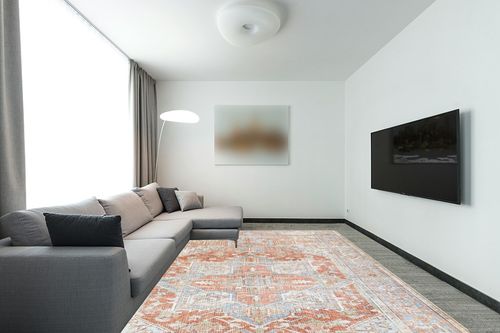 Hauteloom Maayon Persian Oriental Living Room, Bedroom, Dining Room Area Rug - Machine Washable Carpet - Traditional Medallion - Bohemian Vintage - Red, Blue, Green, Orange - 8'10" x 12' in Modern Living Room with Grey Couch