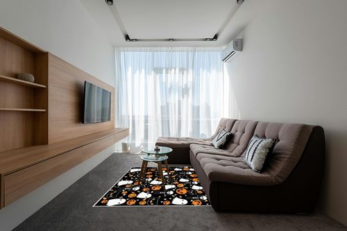 Large Area Rug, Halloween Non-Slip Indoor Accent Area Carpet, Orange Pumpkin White Ghost Skeleton Black Fluffy Shaggy Runner Rug for Living Room, Bedroom, Kids Room, 5'x 7' in Grey Living Room with Brown Couch