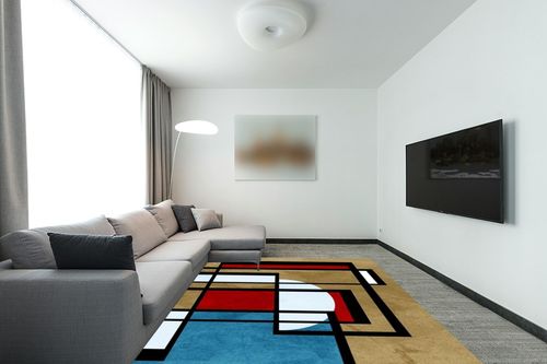 Black White Red Brown Teal Colorful Geometric Modern Area Rug 8x10 Non Slip Washable Carpet for Living Room Bedroom Minimalist Thick Home Office Dining Kitchen Runner Rug in Modern Living Room with Grey Couch