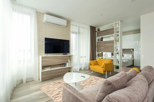 eCarpet Gallery Hand-Knotted | Area Rug for Living Room, Bedroom | Cowhide Patchwork Accent Grey Rug 5'1" x 7'4" | 350190 in Light Modern Living Room with TV