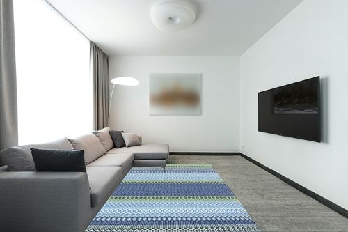 Dash and Albert Fiesta Stripe French Blue/Green Handwoven Indoor/Outdoor Rug, 6 X 9 Feet, Multi Stripe Pattern in Modern Living Room with Grey Couch