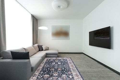 Safavieh Bayside Collection Area Rug - 5'3" x 7'6", Blue & Grey, Traditional Oriental Design, Non-Shedding & Easy Care, Machine Washable Ideal for High Traffic Areas in Living Room, Bedroom (BAY100M) in Modern Living Room with Grey Couch