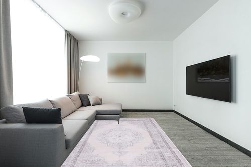 SAFAVIEH Tucson Collection Area Rug - 6' x 9', Beige & Light Green, Persian Design, Non-Shedding Machine Washable & Slip Resistant Ideal for High Traffic Areas in Living Room, Bedroom (TSN184B) in Modern Living Room with Grey Couch