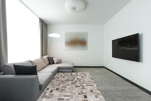 USA RUG Cowhide Grey Patchwork Home Decorative Living Room Area Rug Hand Made Cow Leather Hair (2.6x8' Runner) in Modern Living Room with Grey Couch
