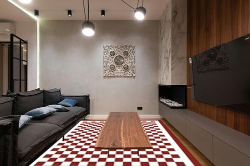 Washable 8x10 Checkered Area Rug for Living Room, Dark Red Checkerboard Modern Boho Large Rugs, Ultra Thin Low Pile Lightweight Indoor Carpet with Non-Slip Backing for Bedroom Kids Nursery Play Room in Dark Wood Living Room with Black Couch