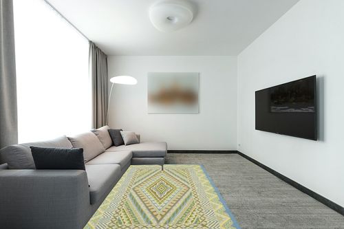 SAFAVIEH Four Seasons Collection 5' x 8' Blue / Yellow FRS490H Hand-Hooked Area Rug in Modern Living Room with Grey Couch