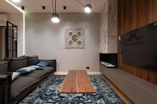 NEATIIP Washable Bohemian 8x10 Area Rug, Suitable for Bathroom for Bedroom Living Room Kitchen Outdoor The Boho Printed Area Rugs, Non-Slip Backing Washable Rug Blue/Coffee in Dark Wood Living Room with Black Couch