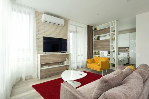 Unique Loom Solid Shag Collection Area Rug (5' 3" x 8' Rectangle, Cherry Red) in Light Modern Living Room with TV