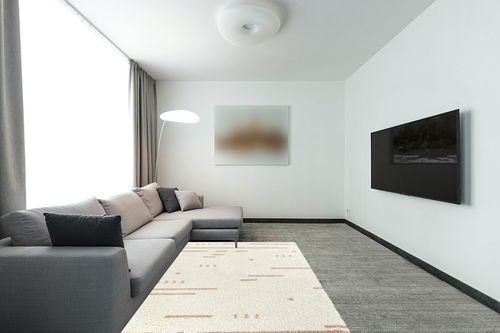 Geometric Cream/Pink Area Rug Dakota Fields Rug Size: Rectangle 5'3" x 7' in Modern Living Room with Grey Couch