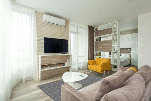 Garland Rug Garden Trellis 5 ft. x 7 ft. Indoor/Outdoor Area Rug Heather Gray in Light Modern Living Room with TV