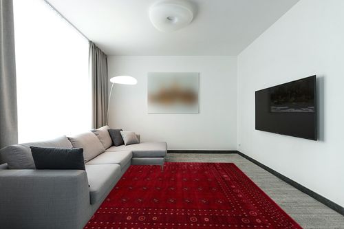 eCarpet Gallery Oriental Area Rug, Turkish Bokhara Red Carpet 8x10, 303870 in Modern Living Room with Grey Couch