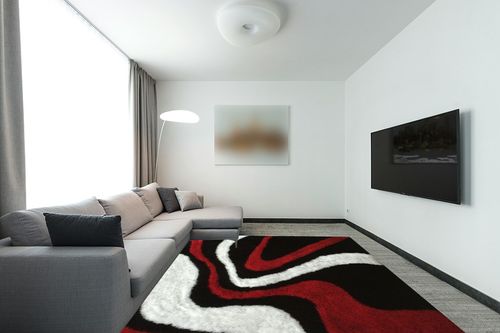 RINOLO "Aria Collection Soft Pile Hand Tufted Shag Area Rug (Black, Red, White, 8' x 11') in Modern Living Room with Grey Couch