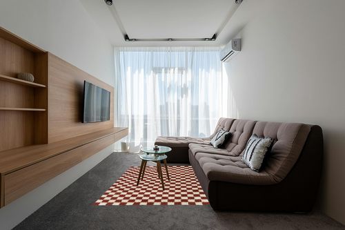 Balta Rugs Oslo Checkered Shag Rug, Red, 5' 3" x 7' in Grey Living Room with Brown Couch
