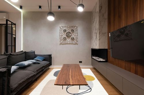 Abani Rugs Cream and Gray 6 ft. X 9 ft. Mid-Century Rug with Circles and Lines. Neutral Tones of Cream, Gray and a pop of Yellow. Minimalistic Design Turkish Stain Resistant Area Rug. in Dark Wood Living Room with Black Couch