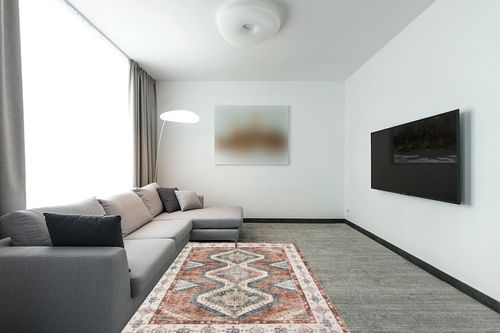 Area Rug Living Room Rugs - 5x7 Large Machine Washable Boho Thin Carpets Vintage Tribal Anti Slip Backing Carpet for Under Dining Table Bedroom Farmhouse Home Office Red in Modern Living Room with Grey Couch
