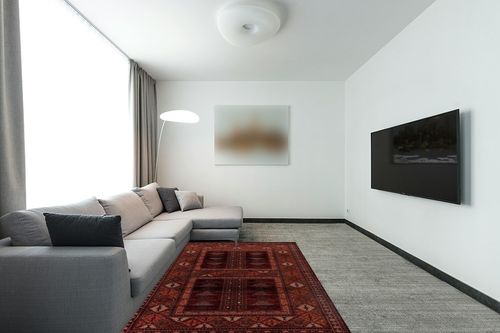 LUXE WEAVERS Bohemian Tribal 2093 Red 5x7 Area Rug, Geometric Non-Shedding Living Room Carpet in Modern Living Room with Grey Couch