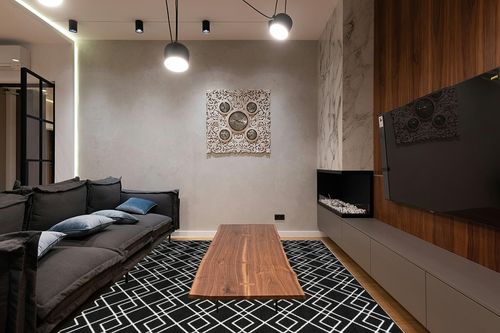 Nourison Modern Lines Modern Geometric Black 8' x 10' Area -Rug, Easy -Cleaning, Non Shedding, Bed Room, Living Room, Dining Room, Kitchen (8x10) in Dark Wood Living Room with Black Couch