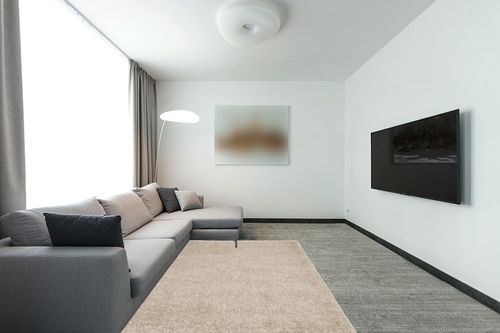 ‎Beige ‎Casuals, Shags, Solid & Striped ‎Fluffy ‎Bedroom ‎Area Rug in Modern Living Room with Grey Couch