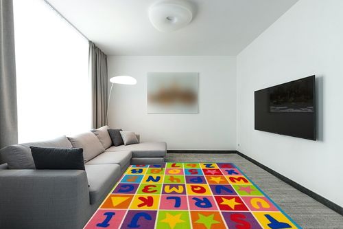 Champion Rugs Kids Area Rug ALPHABET Learning/ Playtime Carpet (8 Feet X 10 Feet) in Modern Living Room with Grey Couch