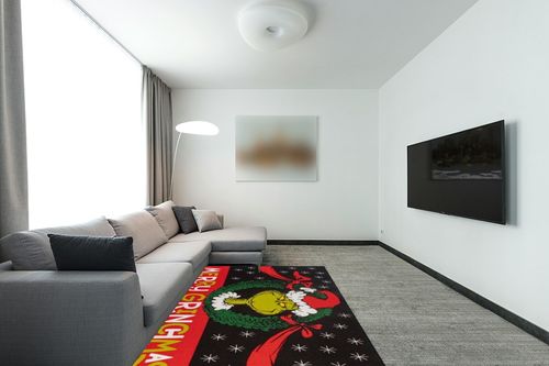 Gertmenian Kids Playroom & Game Room Carpet, The Grinch Childrens Rug, Kids Novelty Home Decor, Ideal Area Rug for Child Bedroom 54x78, Merry Grinchmas Wreath, 28601 in Modern Living Room with Grey Couch