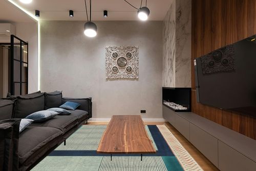 CASAVANI Collection Geometric Rug - 9x12 Area Rug Blue Cotton Dhurrie Kilim Rug Indoor Outdoor Use Carpet Flatweave Rug High Traffic Area in Bedroom Dining Room Living Room in Dark Wood Living Room with Black Couch