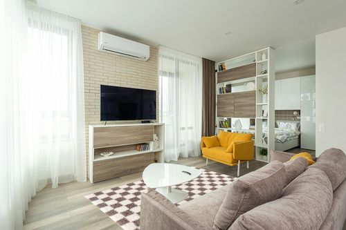 Hauteloom Atira Checkered Shag Area Rug - Checkboard Design - High Pile Fluffy Shaggy Touch - Square Tiles - Kids Room, Nursery, Living Room Shaggy Carpet - Brown, Cream, White - 5'3" x 7'3" in Light Modern Living Room with TV