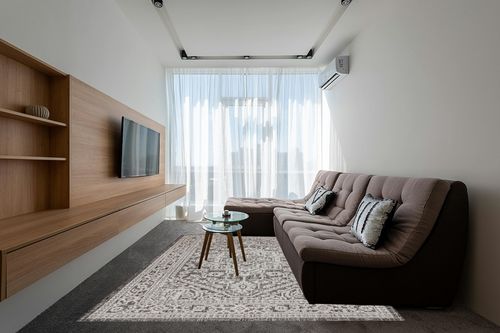 JONATHAN Y SMB101D-8 Sinjuri Medallion Textured Weave Indoor/Outdoor Gray/Black 8 ft. x 10 ft. Area-Rug, Coastal,Easy-Cleaning,HighTraffic,LivingRoom,Backyard, Non Shedding in Grey Living Room with Brown Couch