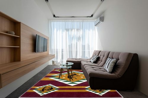 AllStar Rugs Red 8x10 Tribal Area Rug (7' 7" x 10' 6") in Grey Living Room with Brown Couch