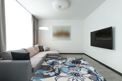 Modern Large Floral Non-Slip (Non-Skid) Area Rug 8 x 10 (7' 10" x 10') Gray-Blue in Modern Living Room with Grey Couch