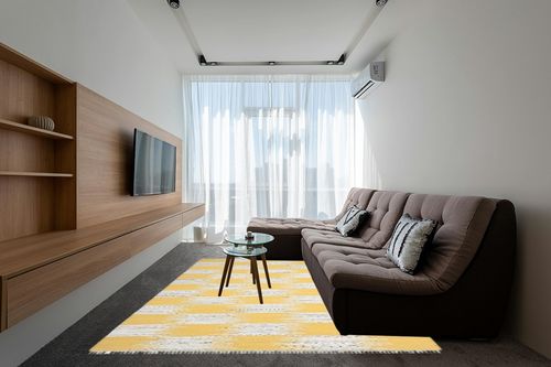 SAFAVIEH Montauk Collection Area Rug - 8' x 10', Yellow & Multi, Handmade Fringe Cotton, Ideal for High Traffic Areas in Living Room, Bedroom (MTK721A) in Grey Living Room with Brown Couch