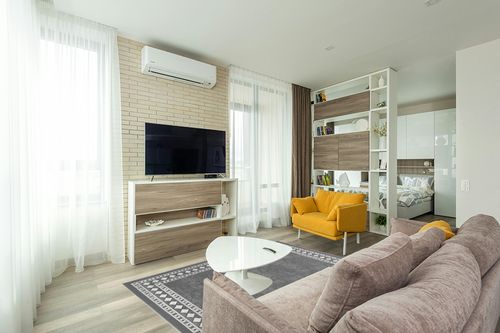 Grey Modern Non Slip Living Room Area Rug in Light Modern Living Room with TV