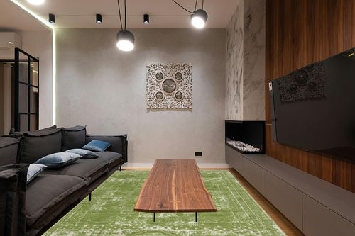 Unique Loom Bromley Collection Area Rug - Wells (7' 10" x 10' Rectangle, Green/ Ivory) in Dark Wood Living Room with Black Couch