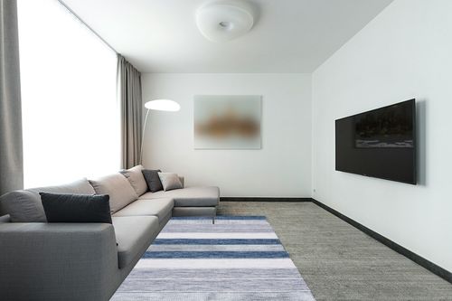 Safavieh Striped Kilim Collection Area Rug - 5' x 8', Grey & Blue, Flat Weave Cotton Design, Easy Care, Ideal for High Traffic Areas in Living Room, Bedroom (STK804M) in Modern Living Room with Grey Couch