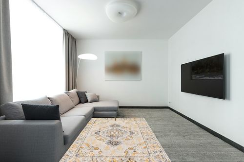 Artistic Weavers Delney Oriental Area Rug,5'3" x 7'1",Yellow in Modern Living Room with Grey Couch