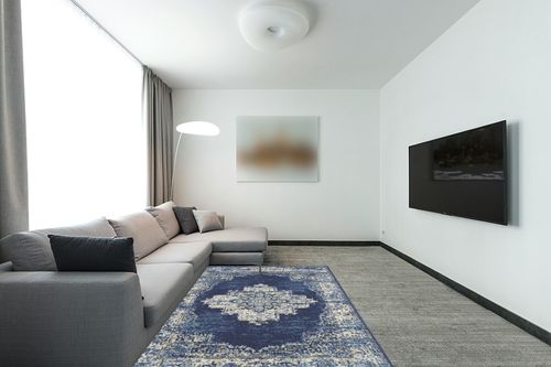 ‎Navy Blue ‎Modern ‎Lightweight ‎Living Room ‎Area Rug in Modern Living Room with Grey Couch