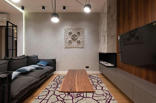 SAFAVIEH Porcello Collection Area Rug - 6' x 9', Light Grey & Purple, Modern Abstract Design, Non-Shedding & Easy Care, Ideal for High Traffic Areas in Living Room, Bedroom (PRL7737B) in Dark Wood Living Room with Black Couch