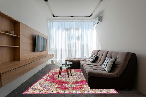 JONATHAN Y BMF104A-8 Bohemian Flair Boho Vintage Medallion Pink/Cream 8 ft. x 10 ft. Area-Rug, Vintage, Easy-Cleaning, for Bedroom, Kitchen, Living Room, Non Shedding in Grey Living Room with Brown Couch