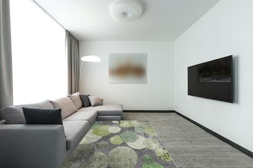 Addison Rugs Chantille ACN556 Green 5' x 7'6 Indoor Outdoor Area Rug, Stain Resistant, Machine Washable, Non Shedding, Bedroom, Living Room, Dining Room, Kitchen Rug in Modern Living Room with Grey Couch