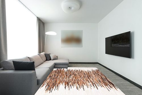 SAFAVIEH Studio Leather Collection 8' x 10' Ivory / Brown STL814A Handmade Mid-Century Modern Leather Area Rug in Modern Living Room with Grey Couch