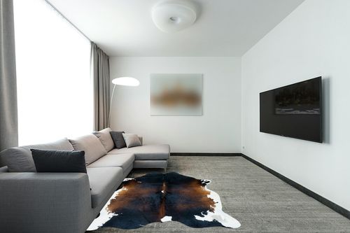 bonanza leathers Genuine Cowhide Rug Chocolate Cream Size S/L/XL 5X6/6X7/7X8 FT (7X8) in Modern Living Room with Grey Couch