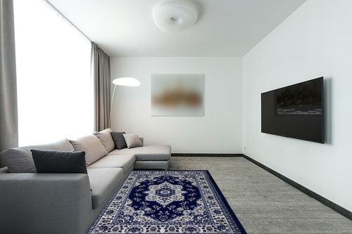 Antep Rugs Alfombras Oriental Traditional 5x7 Non-Skid (Non-Slip) Low Profile Pile Rubber Backing Indoor Area Rugs (Navy Blue, 5' x 7') in Modern Living Room with Grey Couch