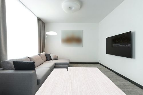 SAFAVIEH Vision Collection Area Rug - 8' x 10', Ivory, Modern Ombre Tonal Chic Design, Non-Shedding & Easy Care, Ideal for High Traffic Areas in Living Room, Bedroom (VSN606J) in Modern Living Room with Grey Couch