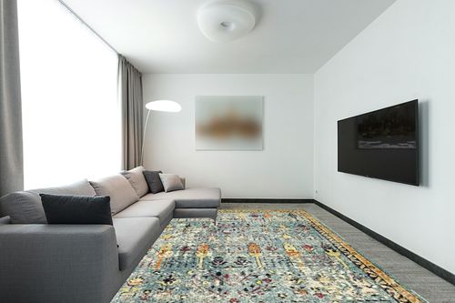 Unique Loom Monterey Collection Vintage Bohemian Inspired with Distressed Tribal Design Area Rug, 9 x 12 ft, Blue/Yellow in Modern Living Room with Grey Couch