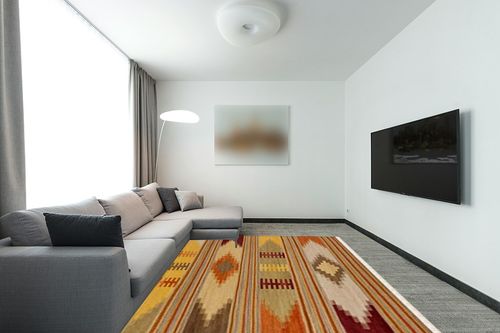 SAFAVIEH Kilim Collection Area Rug - 8' x 10', Red & Multi, Handmade Southwestern Tribal Wool, Ideal for High Traffic Areas in Living Room, Bedroom (NVK177A) in Modern Living Room with Grey Couch