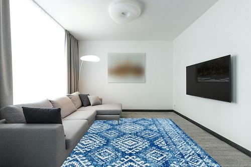 JONATHAN Y MOH102A-8 Moroccan Hype Boho Vintage Tribal Blue/White 8 ft. x 10 ft. Area-Rug, Bohemian, Easy-Cleaning, for Bedroom, Kitchen, Living Room, Non Shedding, Blue,White in Modern Living Room with Grey Couch