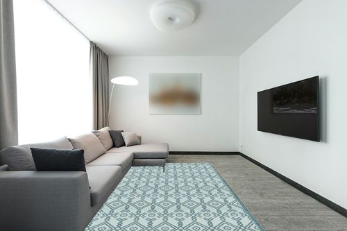BalajeesUSA Outdoor Rug 6 by 9 feet Grey - Outdoor Rugs for Patios Clearance - Waterproof Camping Rugs for Outside Your RV, Porch, Deck, Tent, Camper Accessories - Outdoor Patio Rug 7049 in Modern Living Room with Grey Couch