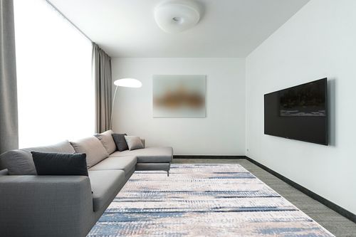 Safavieh Bayside Collection Area Rug - 9' x 12', Blue & Gold, Modern Design, Non-Shedding & Easy Care, Machine Washable Ideal for High Traffic Areas in Living Room, Bedroom (BAY130M) in Modern Living Room with Grey Couch