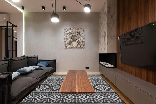 Beverly Rug Waikiki Boho Indoor Outdoor Rug 8x10, Washable Outside Carpet for Patio, Deck, Porch, Bohemian Area Rug, Farmhouse Rugs, Aztec Tribal Rug, Black and White in Dark Wood Living Room with Black Couch
