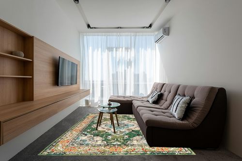 Forest Green/Light Blue Rug Non shedding, Stain Resistant, Pet friendly in Grey Living Room with Brown Couch